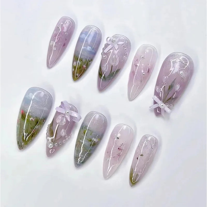 24pcs/set Floral Pattern Press-On Nail Set Mixed Color Ballet Shape Medium Length Simple Sweet Elegant Luxury Style Fake Nails AA336