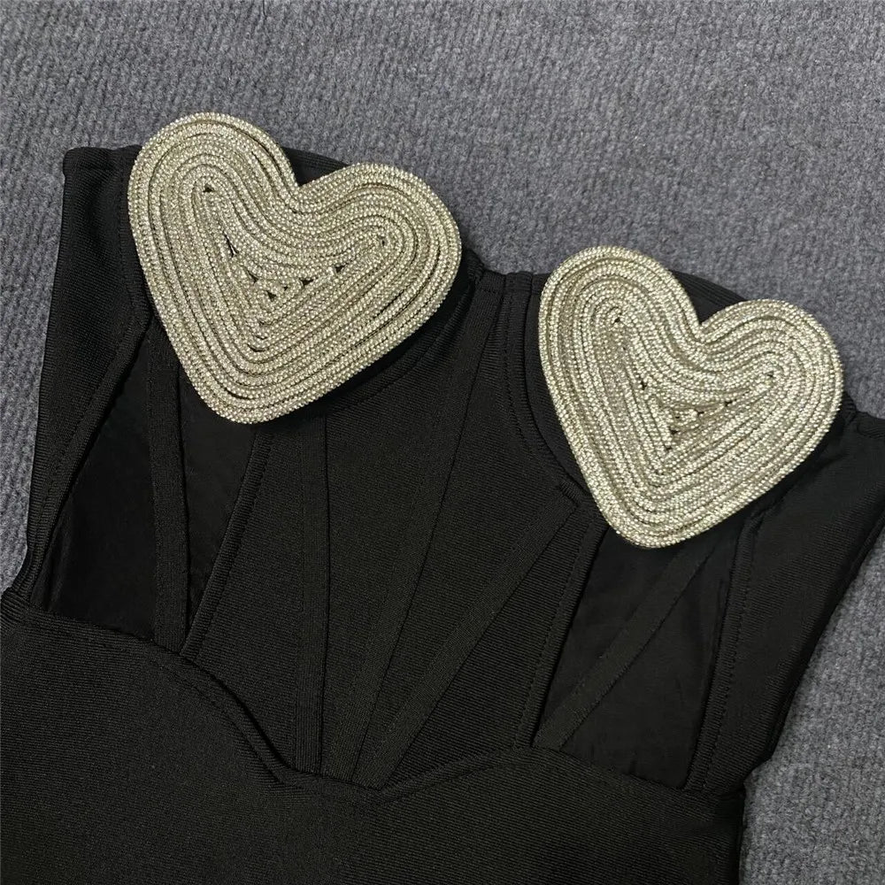 2024 Women's Summer New Black Sexy Off Shoulder Light Luxury Mesh Peach Heart Diamond Slim Fit Bandage Dress Elegant Fashion Eve