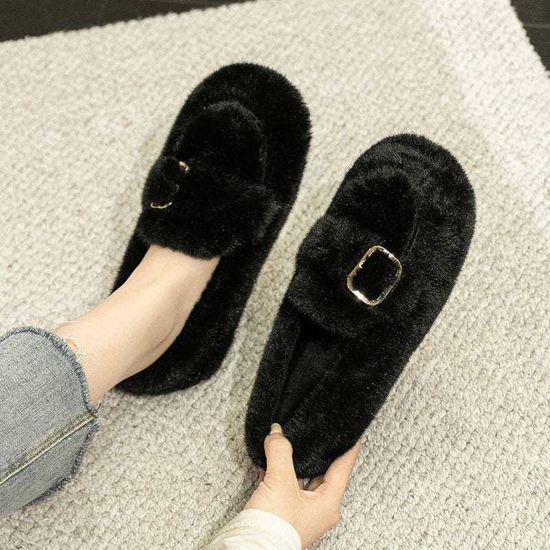 2023 winter women's outdoor plush warm shoes Korean style metal belt buckle snow boots black boat shoes Ladies' casual flats black