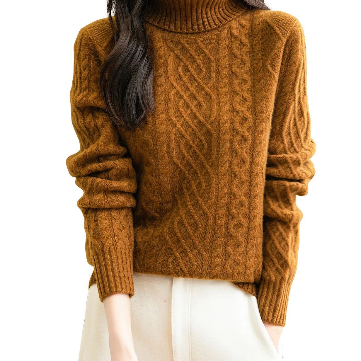 Women's 100% Merino Wool Sweater Fall Winter Turtleneck Vintage Warm Soft Long Sleeve Cable Knit Sweater for Women Knitwear Caramel