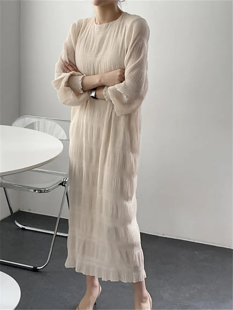 Vintage Elegant High Waist Pleated Chiffon Fashionable Korean Lady Women Spring Summer Long Dresses Beige One Size