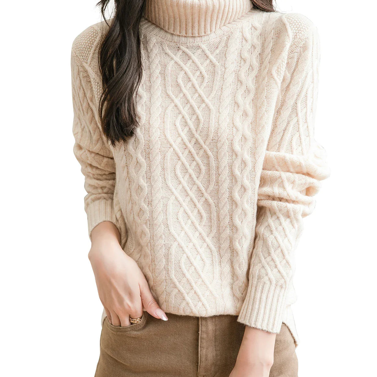 Women's 100% Merino Wool Sweater Fall Winter Turtleneck Vintage Warm Soft Long Sleeve Cable Knit Sweater for Women Knitwear Beige