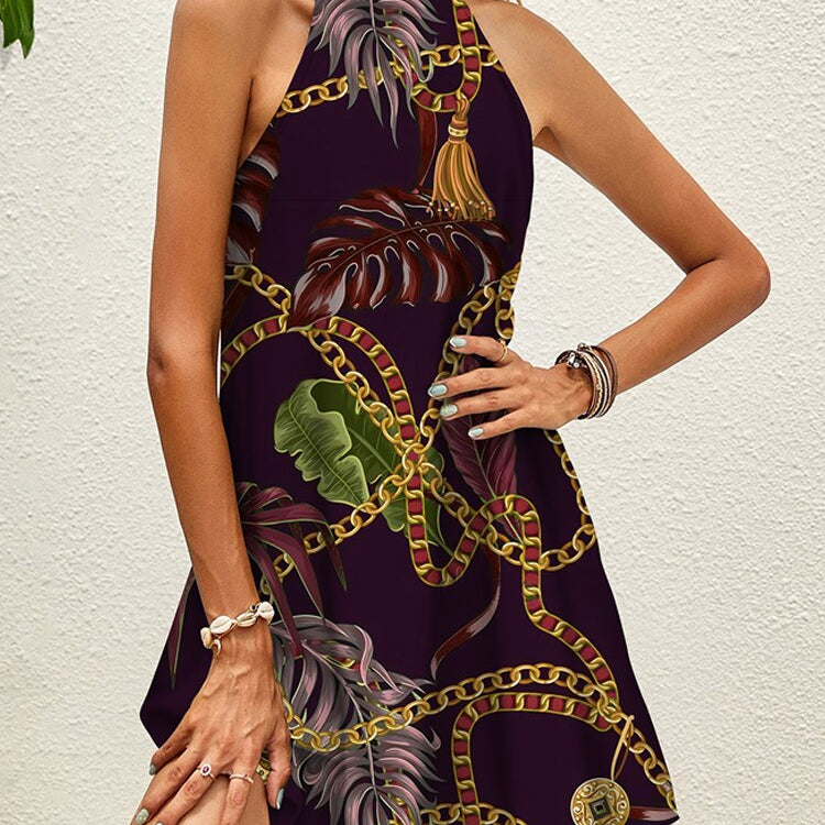 Tropical Floral Chain Print Halter Dress Summer Women's Sleeveless Lace Up Mini Dress Elegant Vestidos Boho Party Beach Sundress