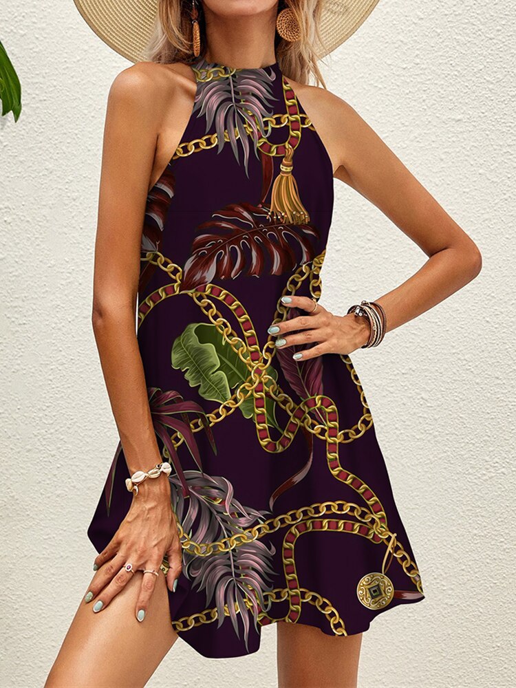 Tropical Floral Chain Print Halter Dress Summer Women's Sleeveless Lace Up Mini Dress Elegant Vestidos Boho Party Beach Sundress