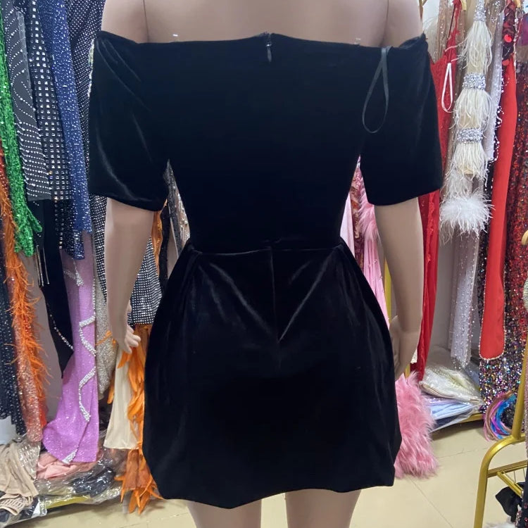 Summer Elegant black sexy strapless shoulder diamond shiny embellishments, fluffy mini party dress elegant fashion dress