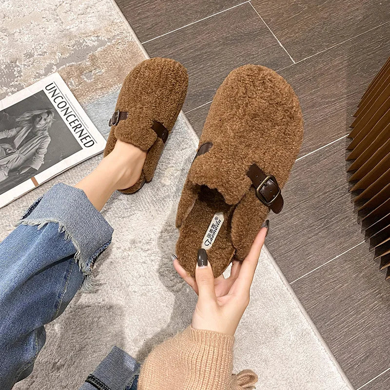 2023 Winter Warm Women’s Plush Slippers flat shoes Wear at home and in the office Ladies casual mules 41-43 Brown