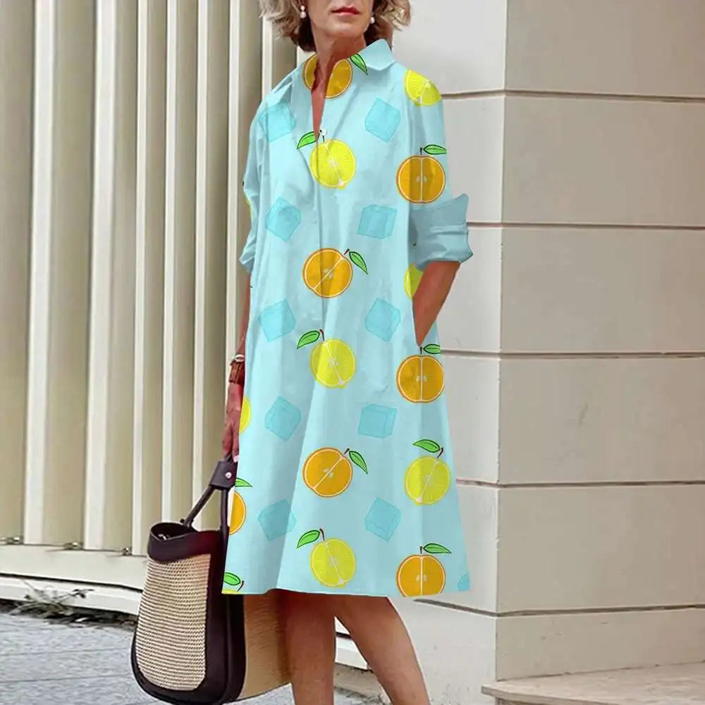 Women's Elegant Shirt Dresses Fall Fashion Floral Long Sleeve Loose A-Line Dresses Women's Office Ladies Red Green Lapel Gowns