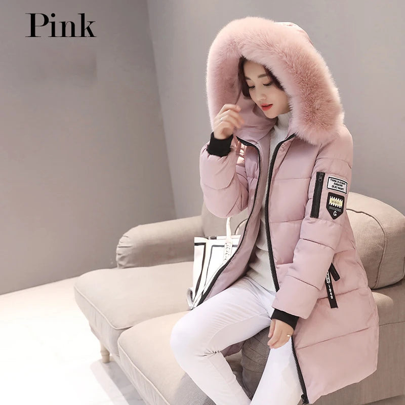 Winter Women Parka Coats Long Cotton Casual Fur Hooded Jackets Thick Warm Slim-fit Jacket Female Overcoat Clothing Pink