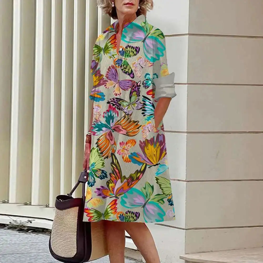 Women's Elegant Shirt Dresses Fall Fashion Floral Long Sleeve Loose A-Line Dresses Women's Office Ladies Red Green Lapel Gowns