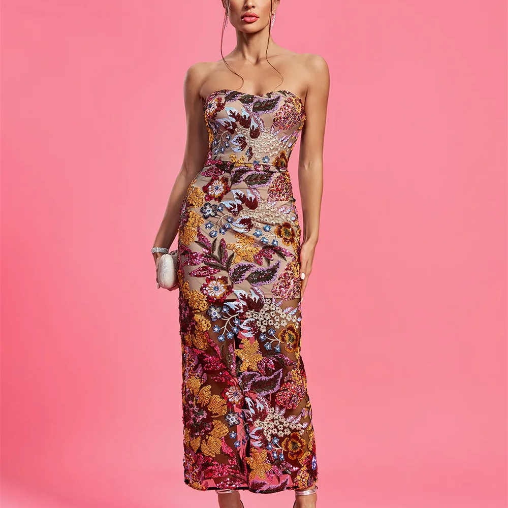 Fashionable Backless Slim Fit Long Dress 2023 Elegant Sleeveless Embroidered Body Fit Color Block Party Party Dress MULTI
