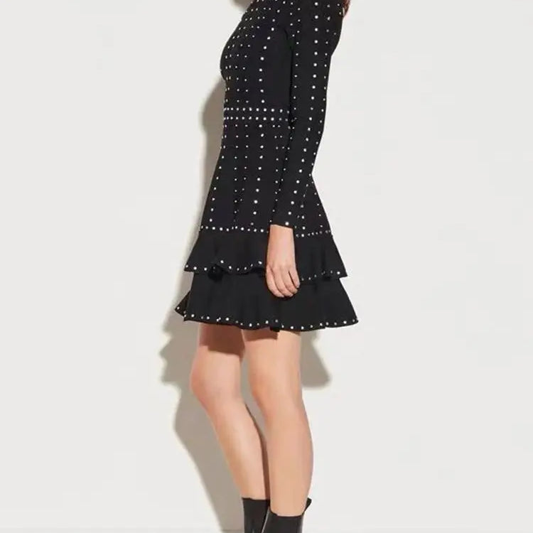 Ailigou New Women's Black Sexy Luxury Diamond Knitted Mini A-line Dress Long sleeved Ruffle Edge Layered Formal Party Dress