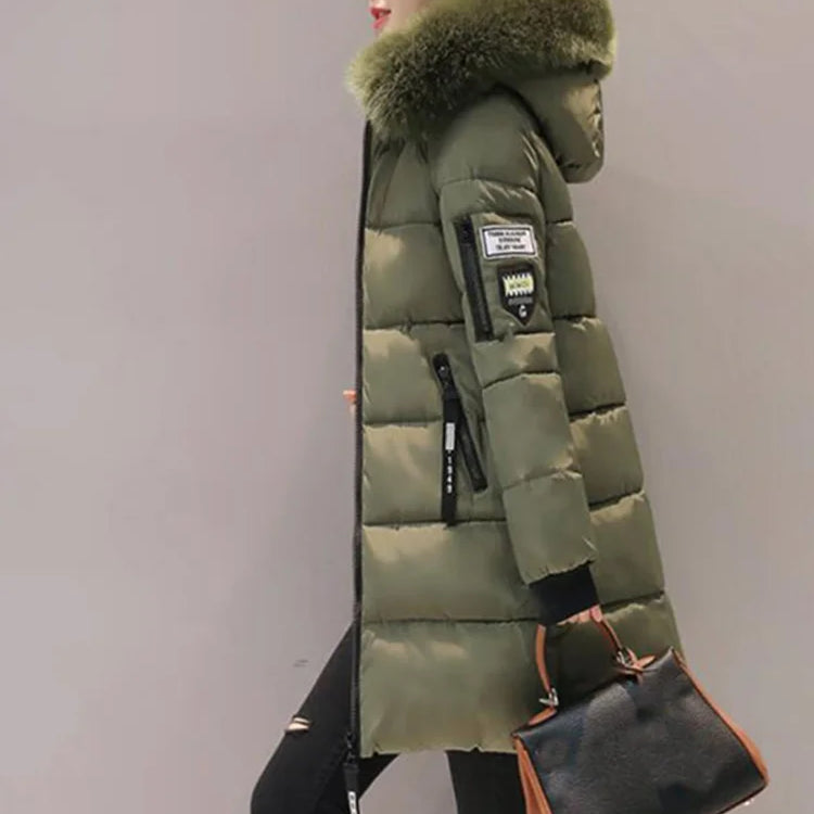 Women Winter Fur Collar Hooded Parka Fashion Letter Patch Zipper Pockets Design Long Jacket Elegant Slim Warm Thick Female Coats Army Green