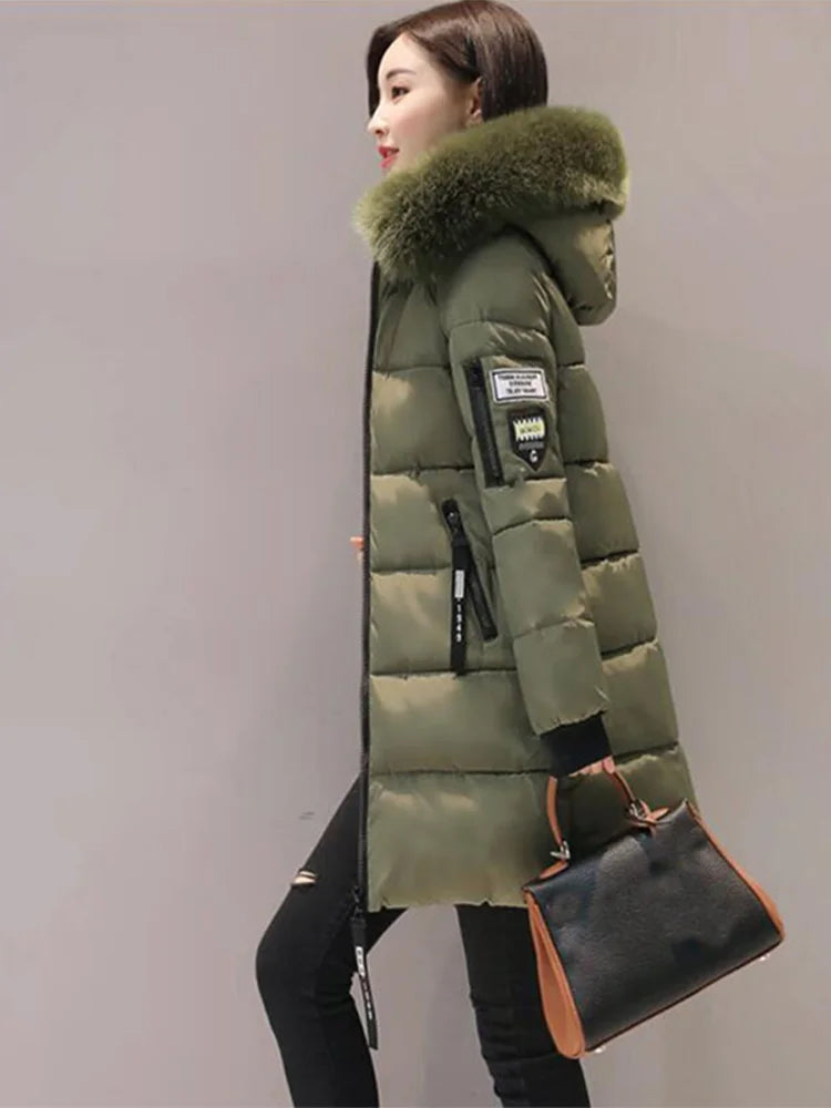 Women Winter Fur Collar Hooded Parka Fashion Letter Patch Zipper Pockets Design Long Jacket Elegant Slim Warm Thick Female Coats Army Green