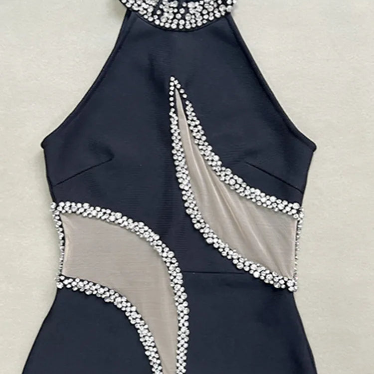 Women Sexy Mesh Diamonds Beading Black Maxi Long Diamonds Celebrity Bodycon Bandage Dress 2025 Elegant Evening Club Party Dress