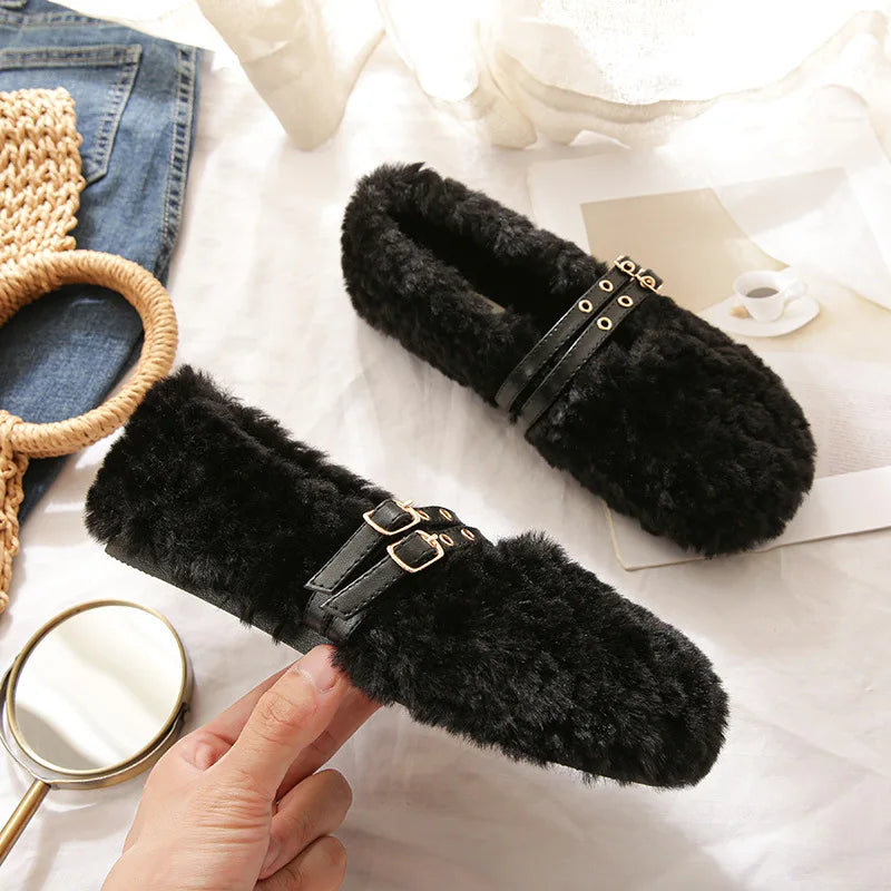 2023 winter women's plush warm shoes Korean style pump loafers party and work wear Ladies' casual flats mary jane boat shoes black