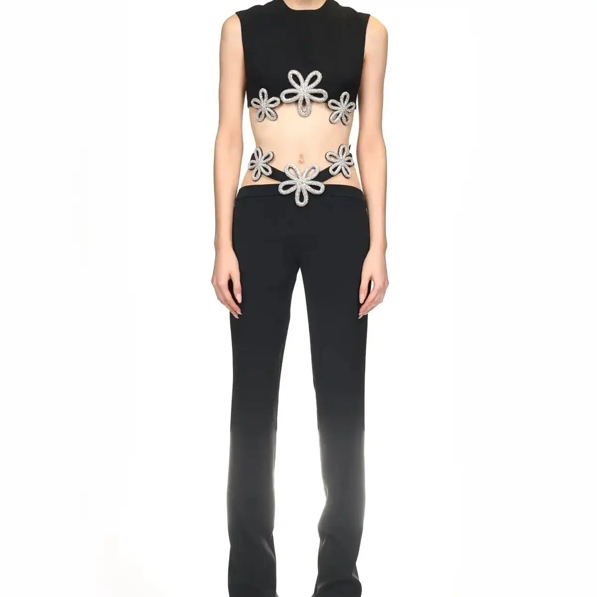 2024 Summer Women's Spicy Girl Set Black Sleeveless Tank Top Flower Low Waist Elastic Tight Pants Fashionable Heavy Industry Two black