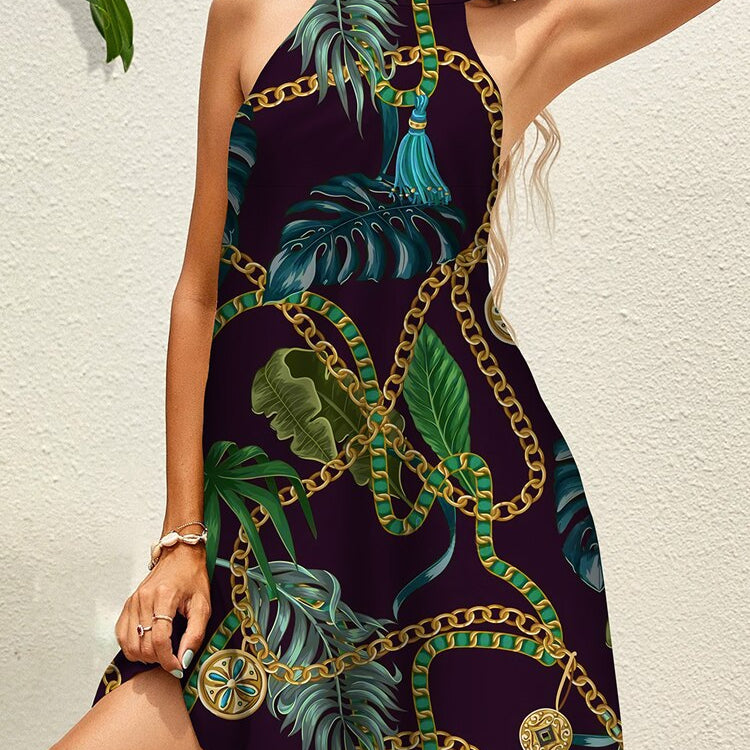 Tropical Floral Chain Print Halter Dress Summer Women's Sleeveless Lace Up Mini Dress Elegant Vestidos Boho Party Beach Sundress 8