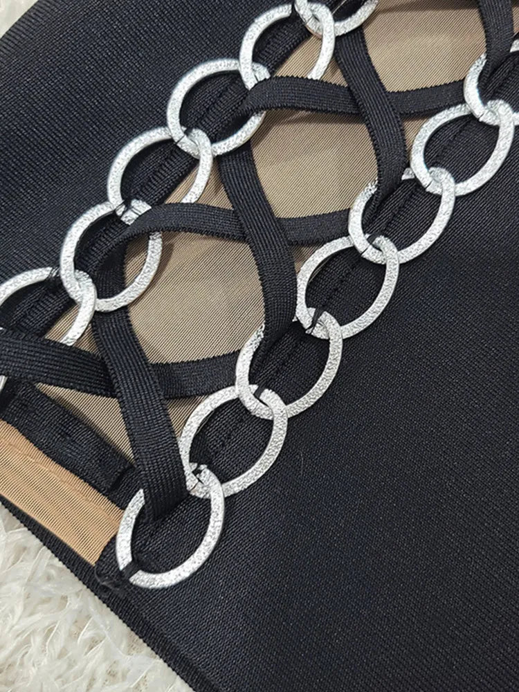 New Women Celebrity Sexy Long Sleeve Lace Up Black Mini Bodycon Bandage Dress 2025 Elegant Evening Club Party Outfit