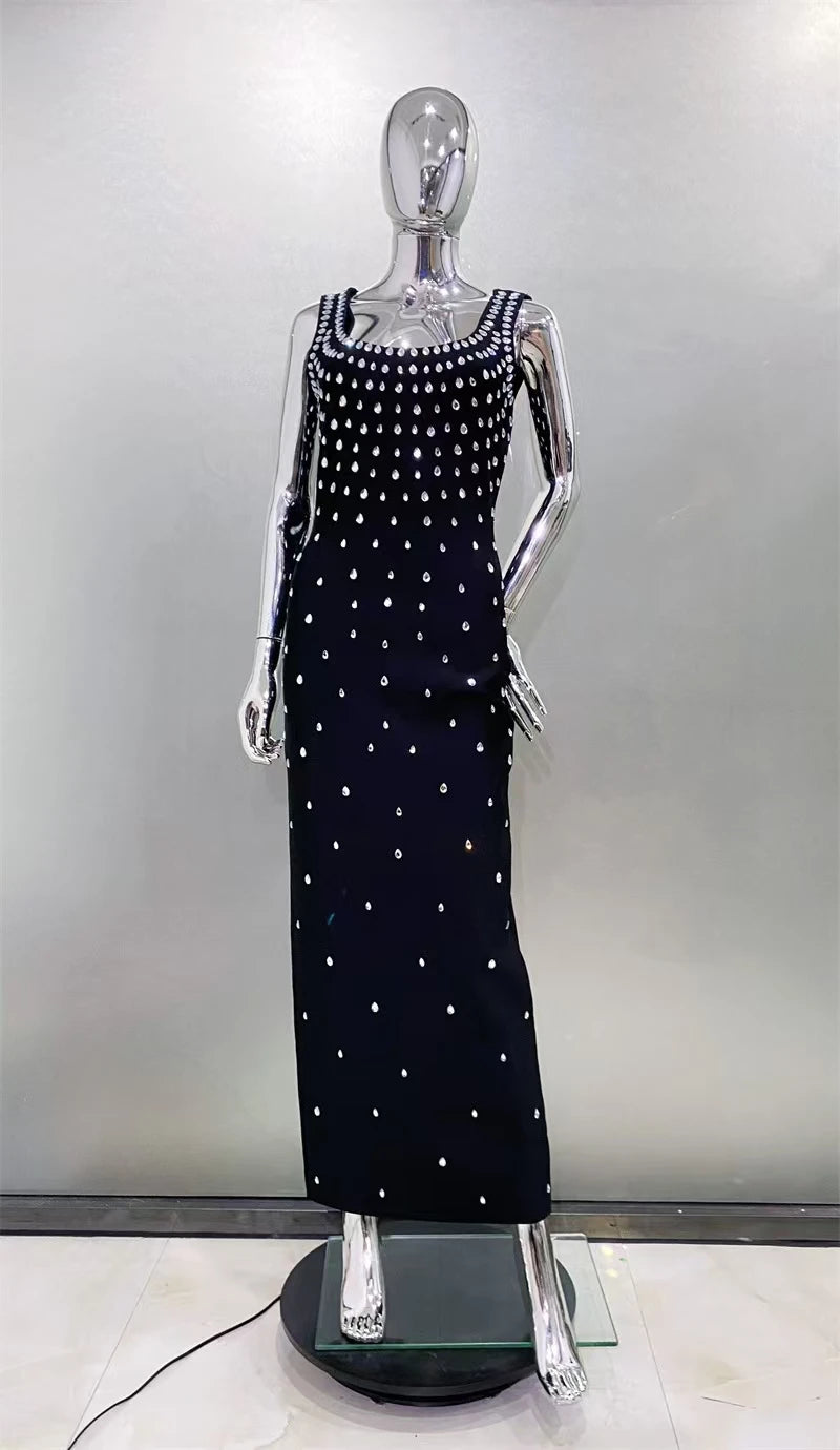 High quality summer women's new blue sexy suspender with hot stamping and sparkling long bandage dress elegant fashion party black