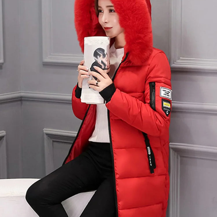 Women Winter Fur Collar Hooded Parka Fashion Letter Patch Zipper Pockets Design Long Jacket Elegant Slim Warm Thick Female Coats Red