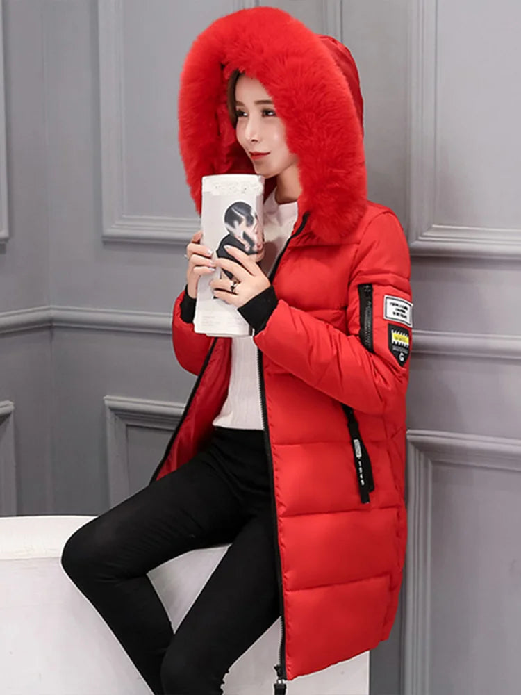 Women Winter Fur Collar Hooded Parka Fashion Letter Patch Zipper Pockets Design Long Jacket Elegant Slim Warm Thick Female Coats Red