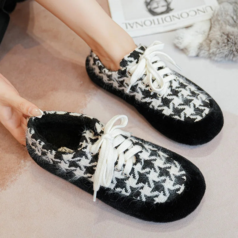 2023 winter women's plush warm shoes Korean style Lace-up loafers party and work wear Ladies' casual flats mary jane boat shoes