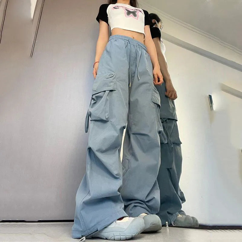 Women Y2K Cargo Pants High Waist Streetwear Hip Hop Trousers Female Big Pockets Casual Low Waist Drawstring Baggy Sweatpants Blue