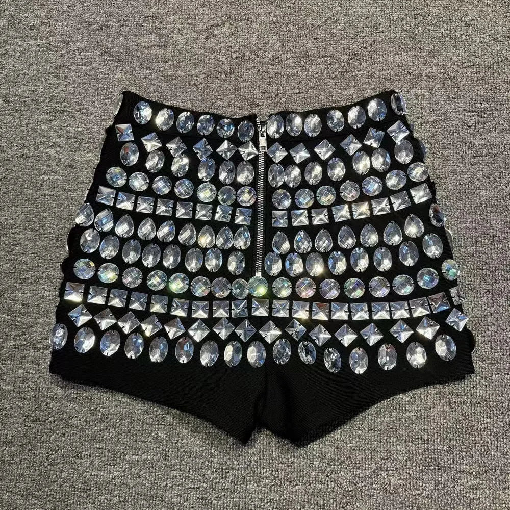 2024 New Women Fashionable Handmade Diamond Embedding Tight Bandage Shorts, Sexy and Fashionable Party Wear Vintage