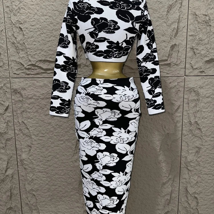 New women bandage jacquard knitted set, black and white flower jacquard short top, hip wrap skirt two-piece set