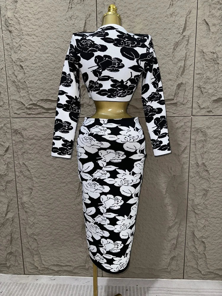 New women bandage jacquard knitted set, black and white flower jacquard short top, hip wrap skirt two-piece set