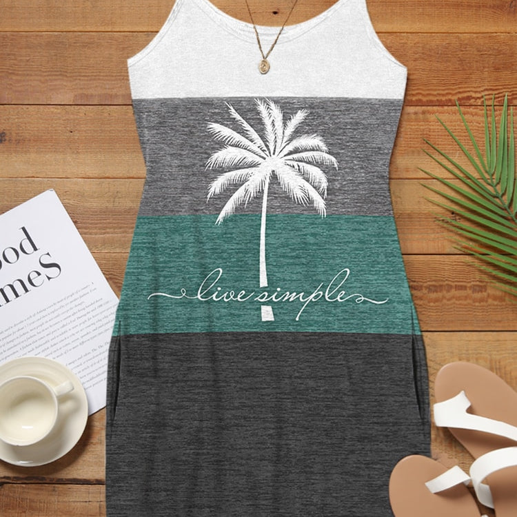 Summer Beach Dress Funny Live Simple Coconut Tree Color Block Vacation