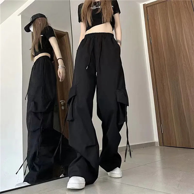 Women Y2K Cargo Pants High Waist Streetwear Hip Hop Trousers Female Big Pockets Casual Low Waist Drawstring Baggy Sweatpants Black