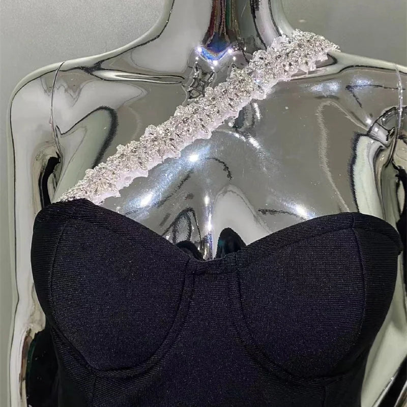 2024 Summer Women New Black Sexy One Shoulder Diamond Sleeveless Bodycon Bandage Dress Elegant Fashion Tassel Long Dress