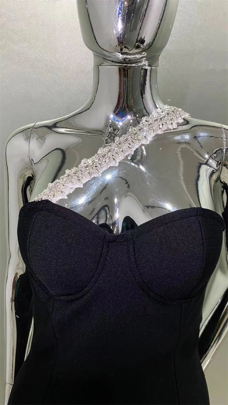 2024 Summer Women New Black Sexy One Shoulder Diamond Sleeveless Bodycon Bandage Dress Elegant Fashion Tassel Long Dress