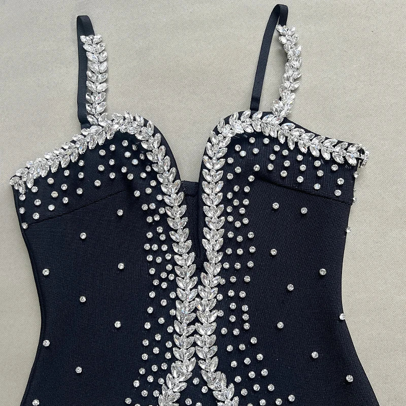 High quality women's summer new black sexy suspender hot stamping diamond backless slim fitting bandage dress elegant and fashio