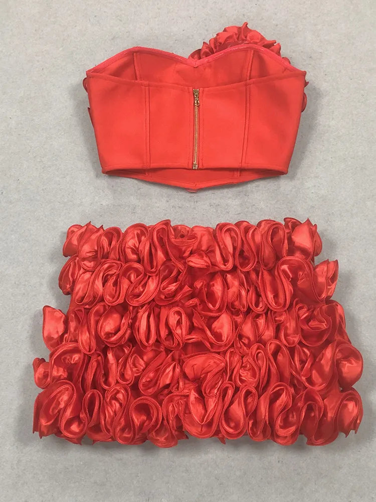 Women Summer Sexy Strapless Zipper Red Flower Mini Two Pieces Skirt Bandage Set 2025 Celebrity Designer Fashion Women's Set