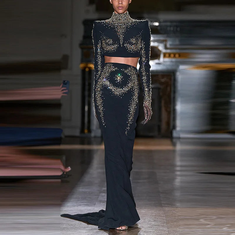 High Street Women's New Star Fashion Heavy Industry Embroidered sequin Short Top Fish Tail Half Skirt Set Two Piece Set black