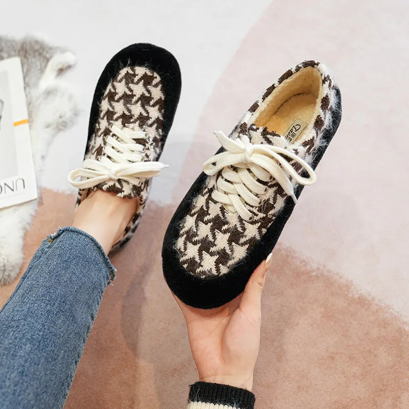 2023 winter women's plush warm shoes Korean style Lace-up loafers party and work wear Ladies' casual flats mary jane boat shoes