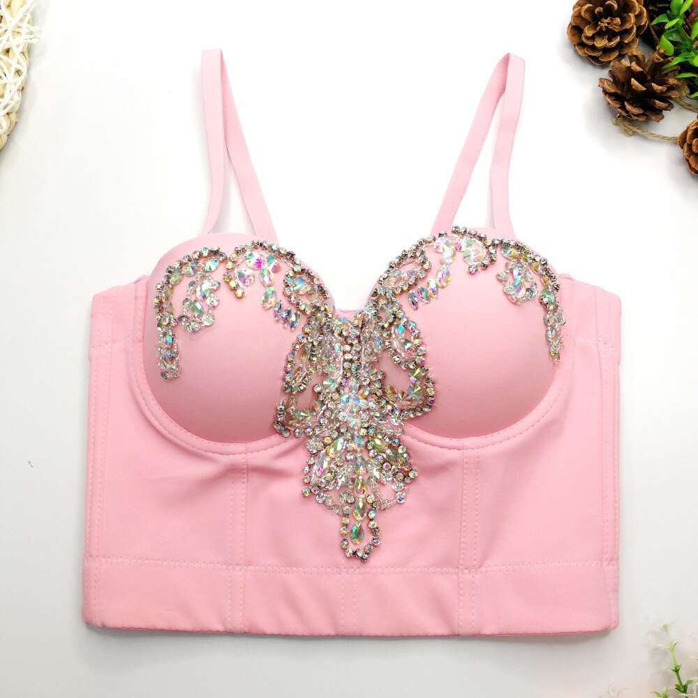 A940 Women&#39;s Fish Bone Top Beaded Rhinestone Sexy Sleeveless Pink Camisole Corset Crop Top Bustier Pour Femme AMAIO