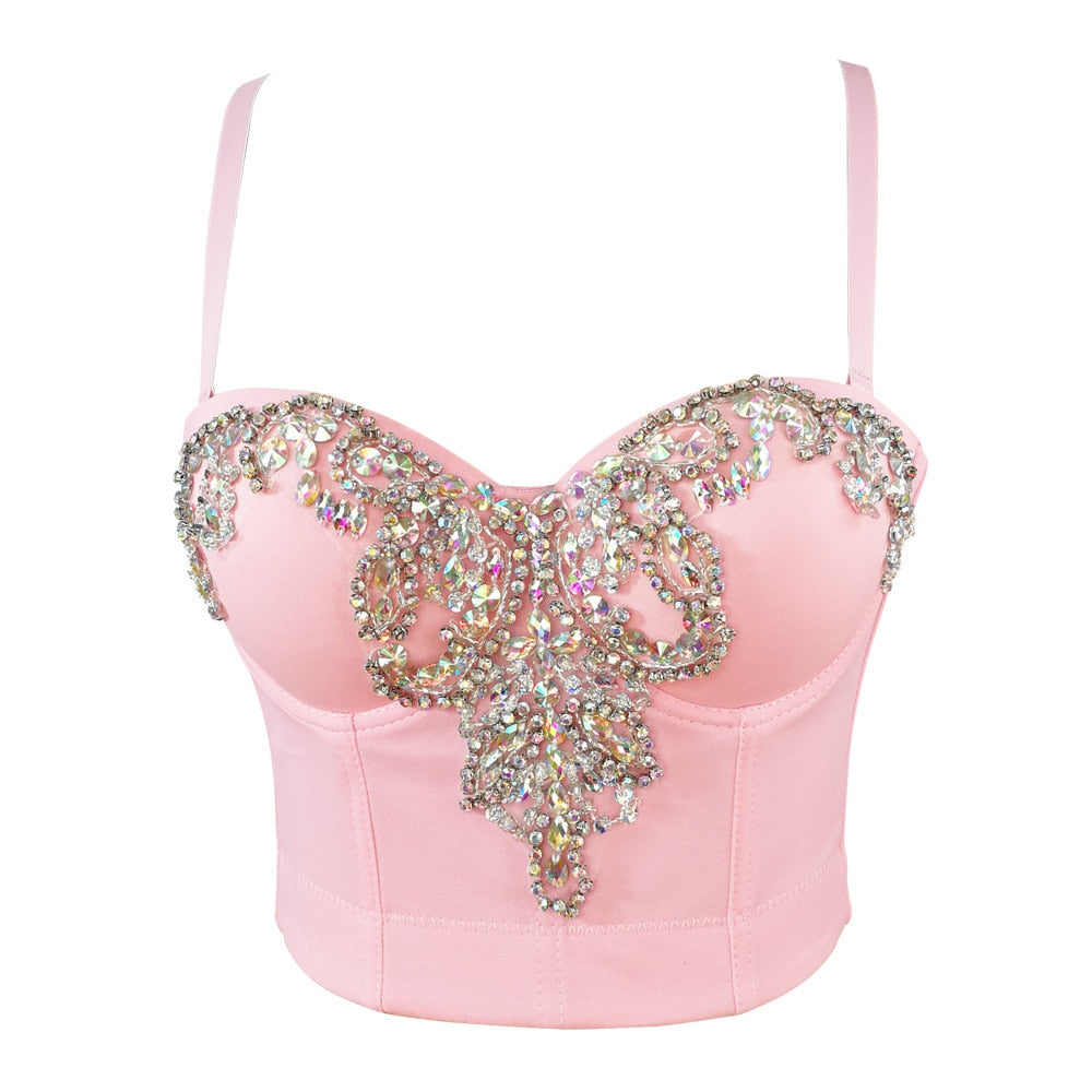 A940 Women&#39;s Fish Bone Top Beaded Rhinestone Sexy Sleeveless Pink Camisole Corset Crop Top Bustier Pour Femme AMAIO