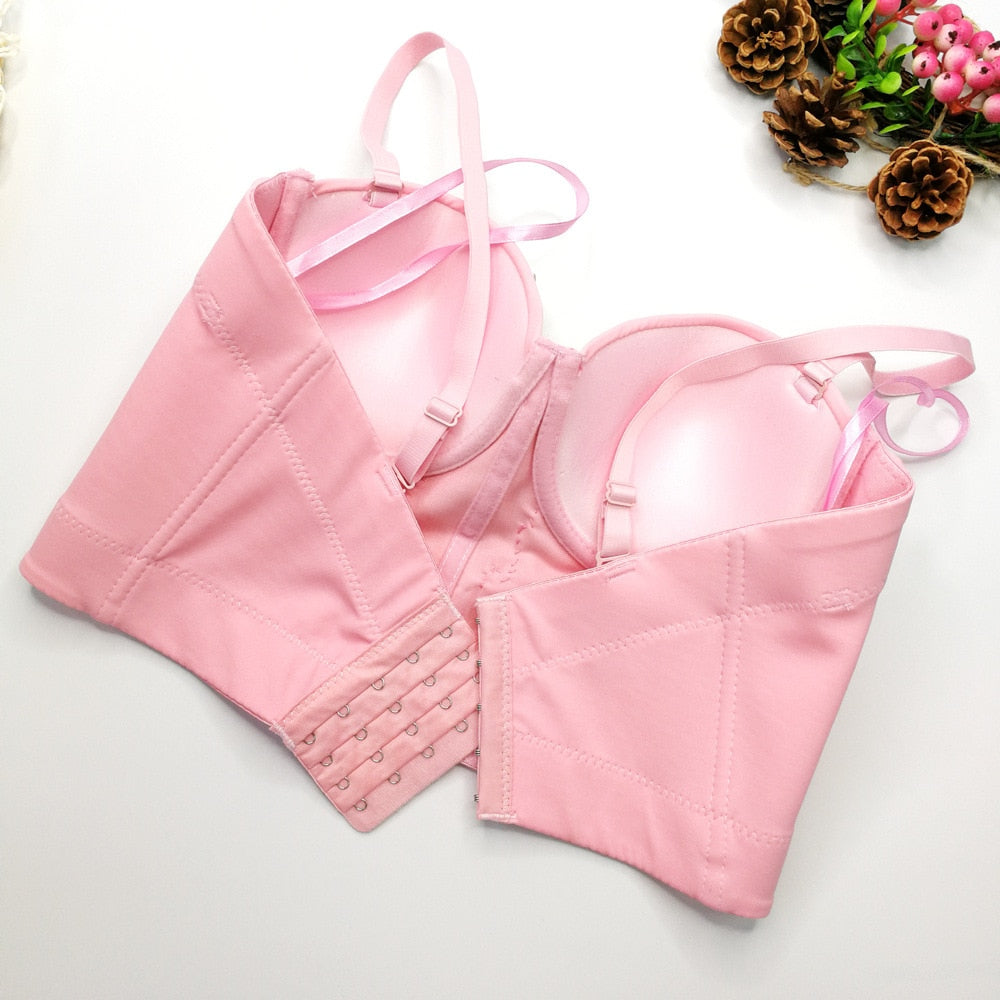 A940 Women&#39;s Fish Bone Top Beaded Rhinestone Sexy Sleeveless Pink Camisole Corset Crop Top Bustier Pour Femme AMAIO