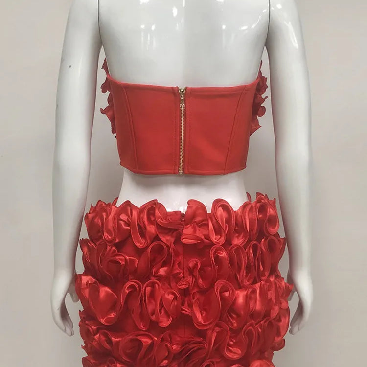 Women Summer Sexy Strapless Zipper Red Flower Mini Two Pieces Skirt Bandage Set 2025 Celebrity Designer Fashion Women's Set