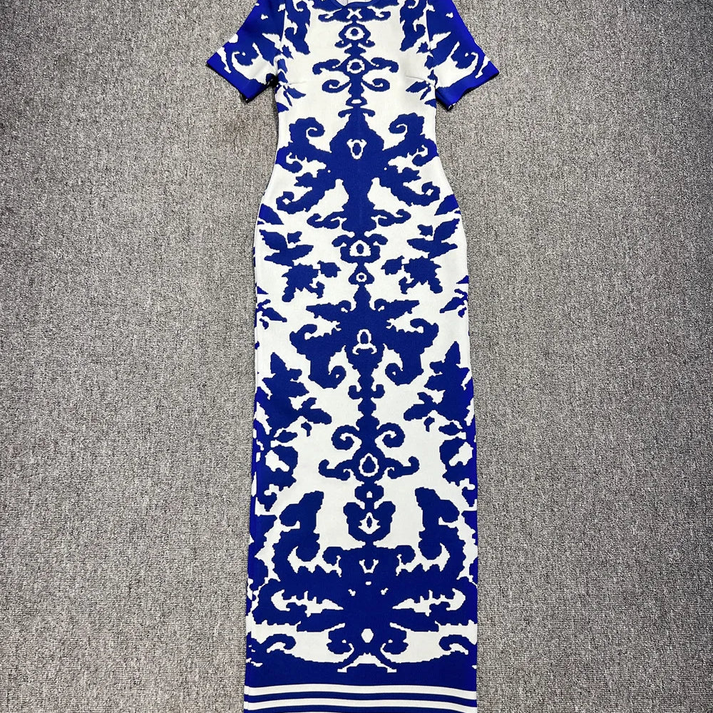 2024 Summer Women's Fashion Printed Bandage Dress Sexy Short sleeved Round Neck Chinese Style Long Dress Elegant Party Dress