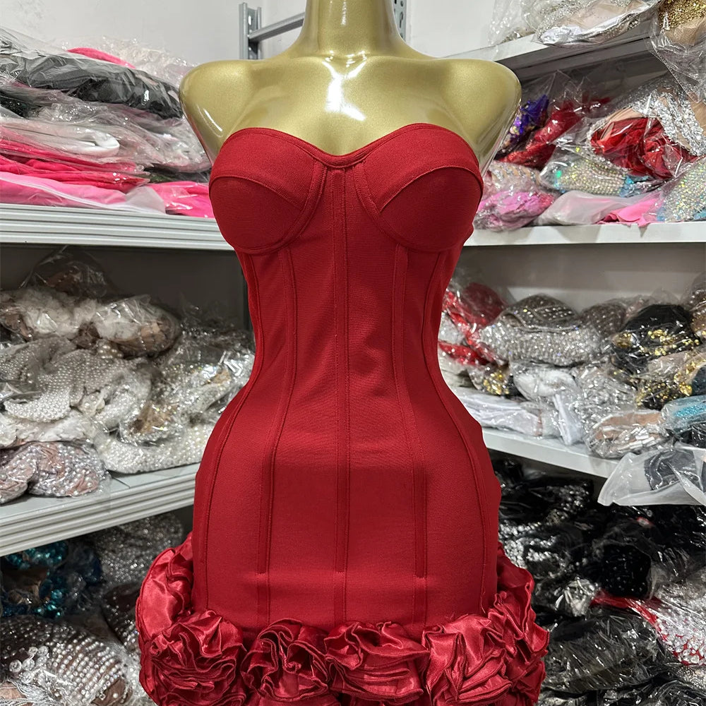 2024 Summer women new red sexy off shoulder slim fit floral mini dress elegant fashion backless party dress vintage Red