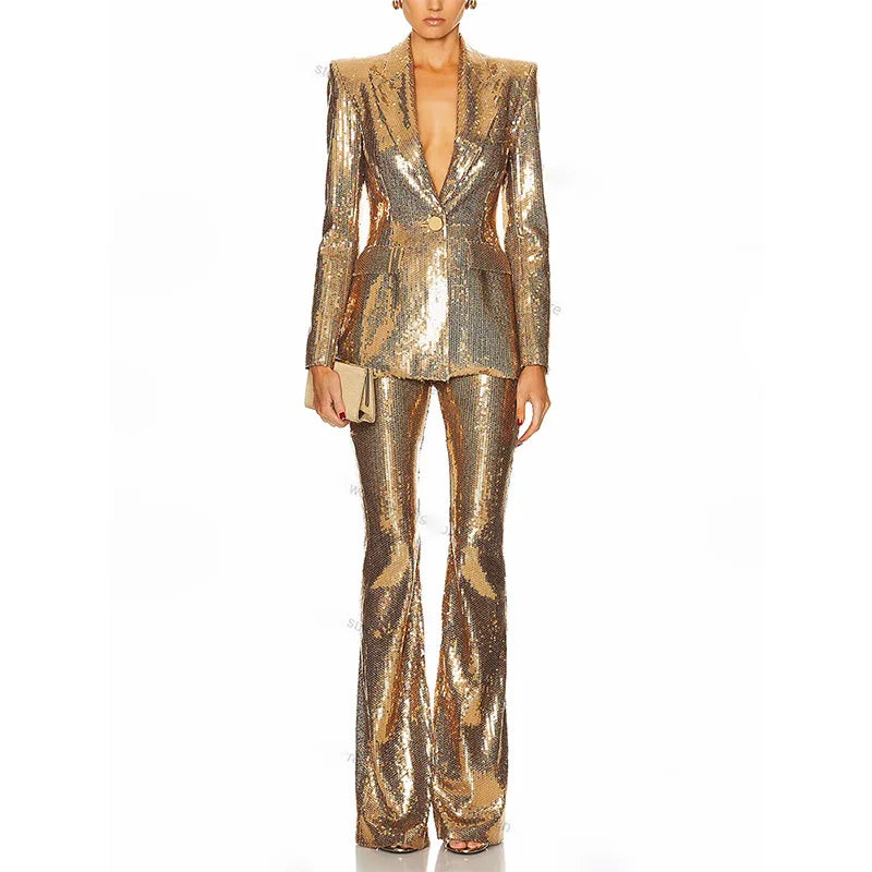 High quality star fashion gold sequin suit jacket+pants set two-piece set Gold