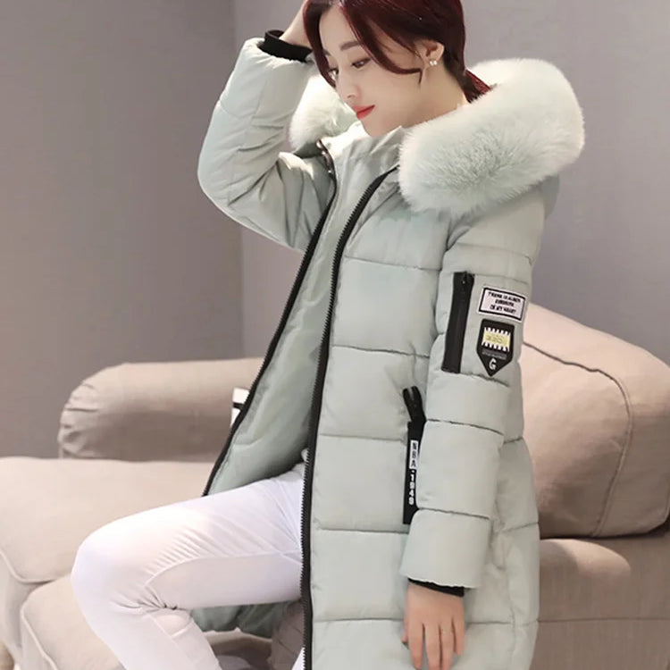 Women Winter Fur Collar Hooded Parka Fashion Letter Patch Zipper Pockets Design Long Jacket Elegant Slim Warm Thick Female Coats Light Green