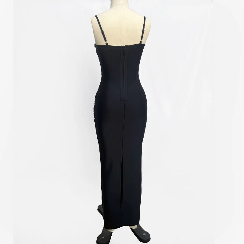 High quality women's summer new black sexy suspender hot stamping diamond backless slim fitting bandage dress elegant and fashio