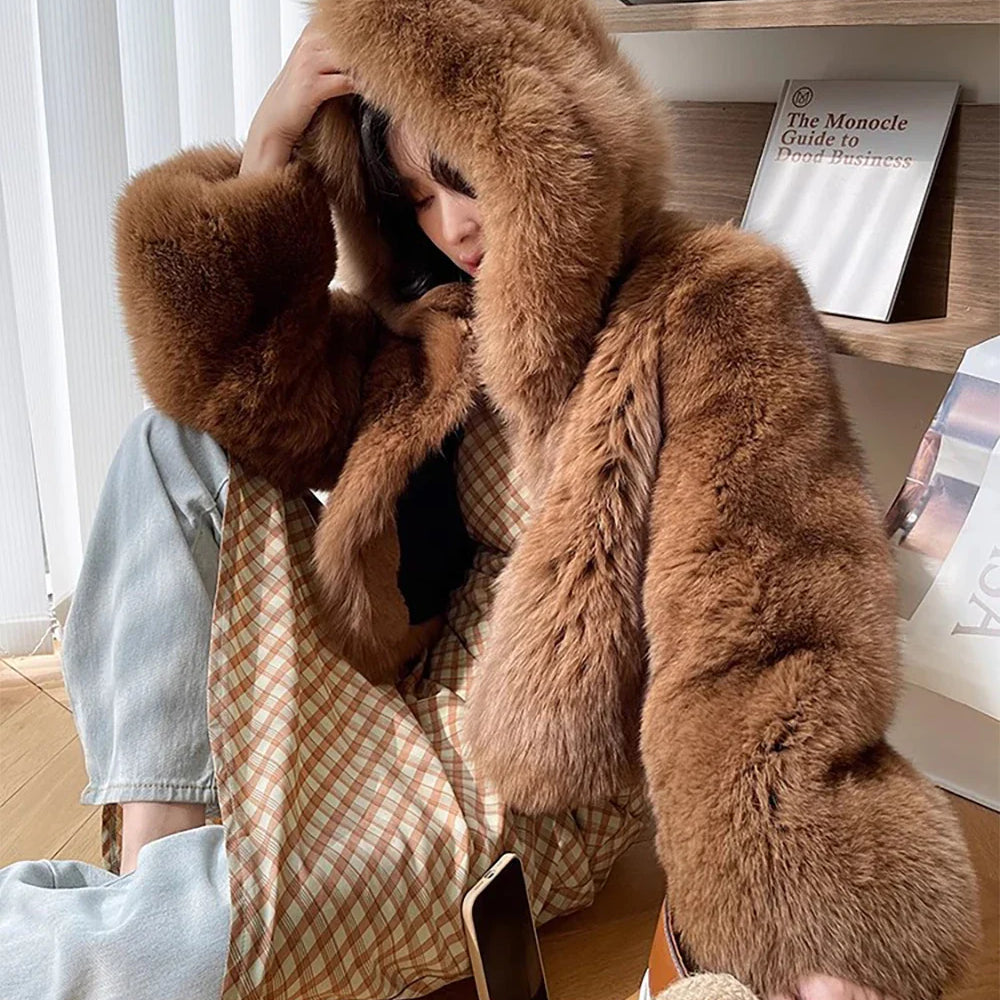 Faux fur coat for Women Luxury fur coat faux fur jackets for women faux fur Hooded coat Vintage fur coat camel