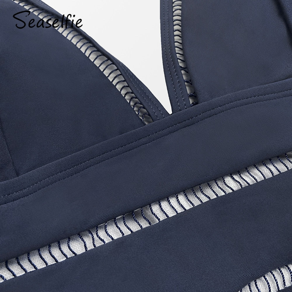 Plunge Ladder Trim One-piece Swimsuit - Dark Navy Sexy Monokini Swimwear