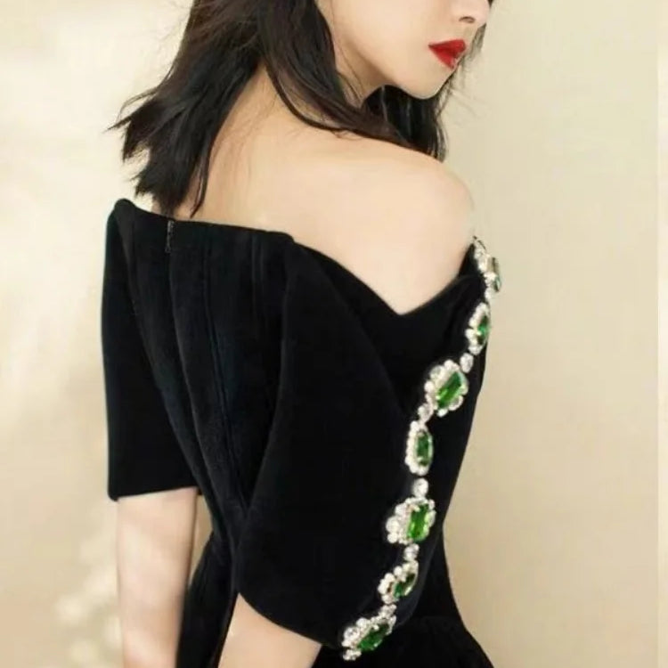 Summer Elegant black sexy strapless shoulder diamond shiny embellishments, fluffy mini party dress elegant fashion dress